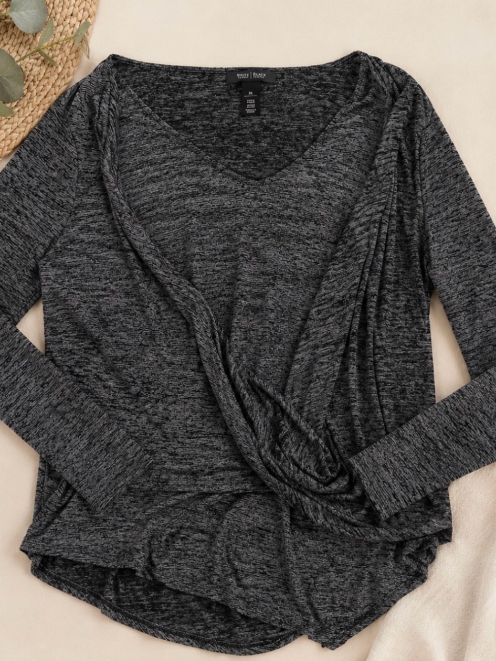 White House Black Market Charcoal Twist-Front V-Neck Long Sleeve Top